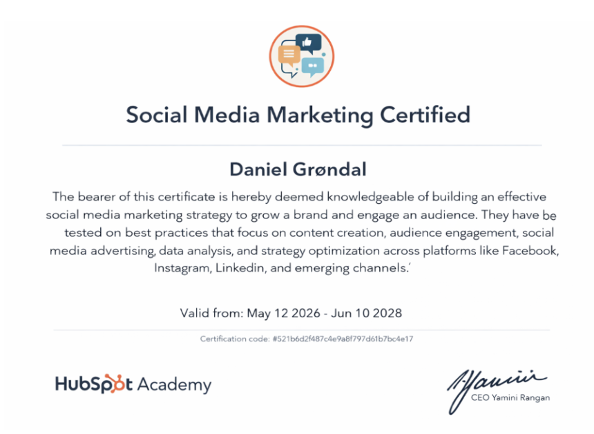 Daniel Grøndal Social Media Marketing certificering