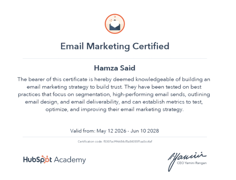 Hamza Said Email Marketing certificering fra HubSpot Academy