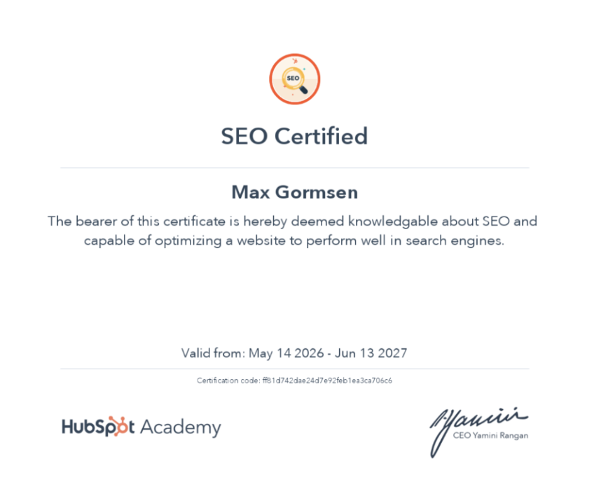 Max Gormsen SEO certificering fra HubSpot Academy
